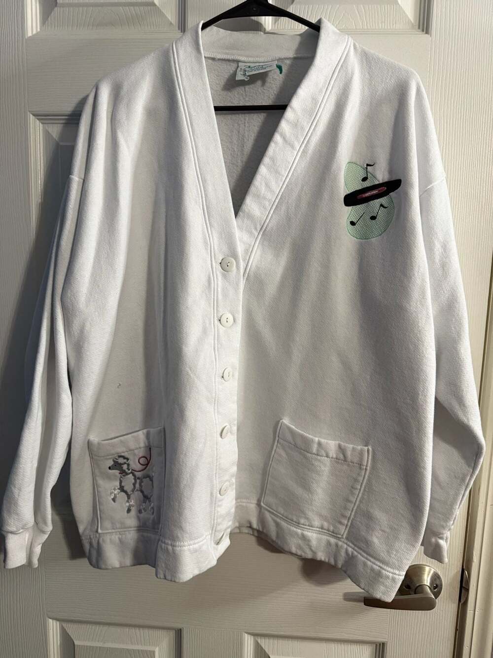 Vintage White Fleece Button Cardigan Sweater With 1950s Embroidery Size L